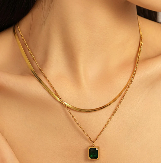 Gold Plated Emerald Duo Layer Necklace