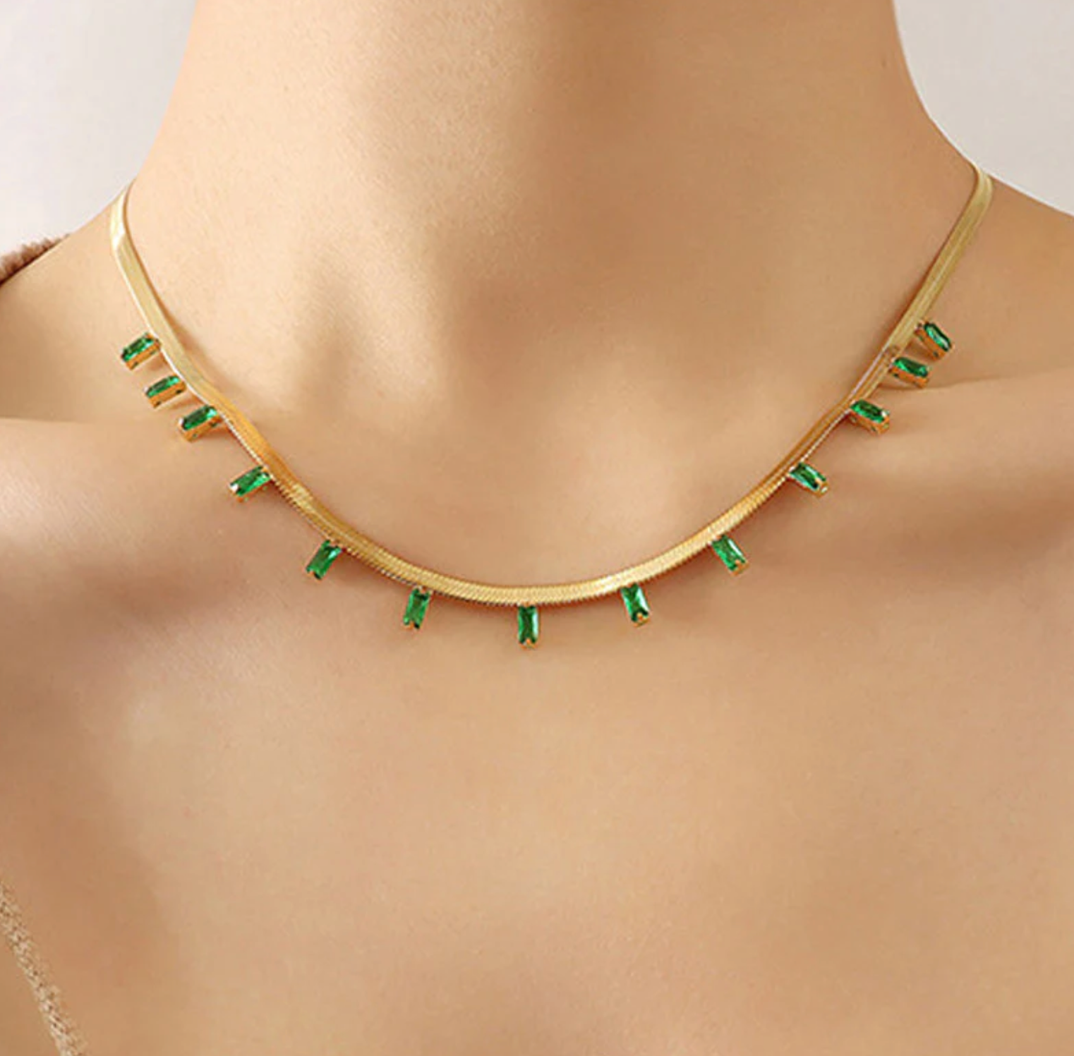 Gold Plated Emerald Droplet Choker Necklace
