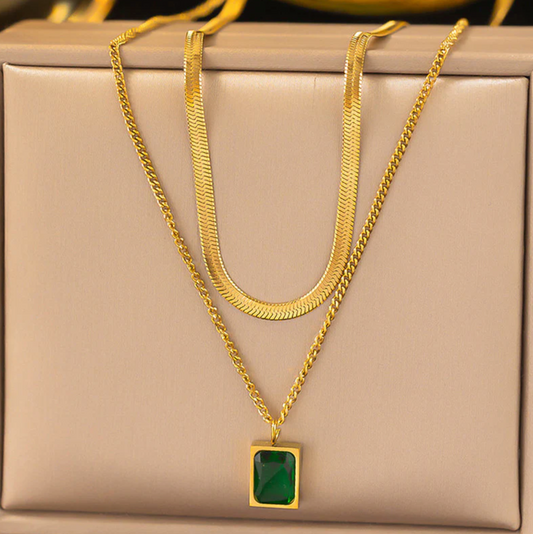 Gold Plated Emerald Duo Layer Necklace