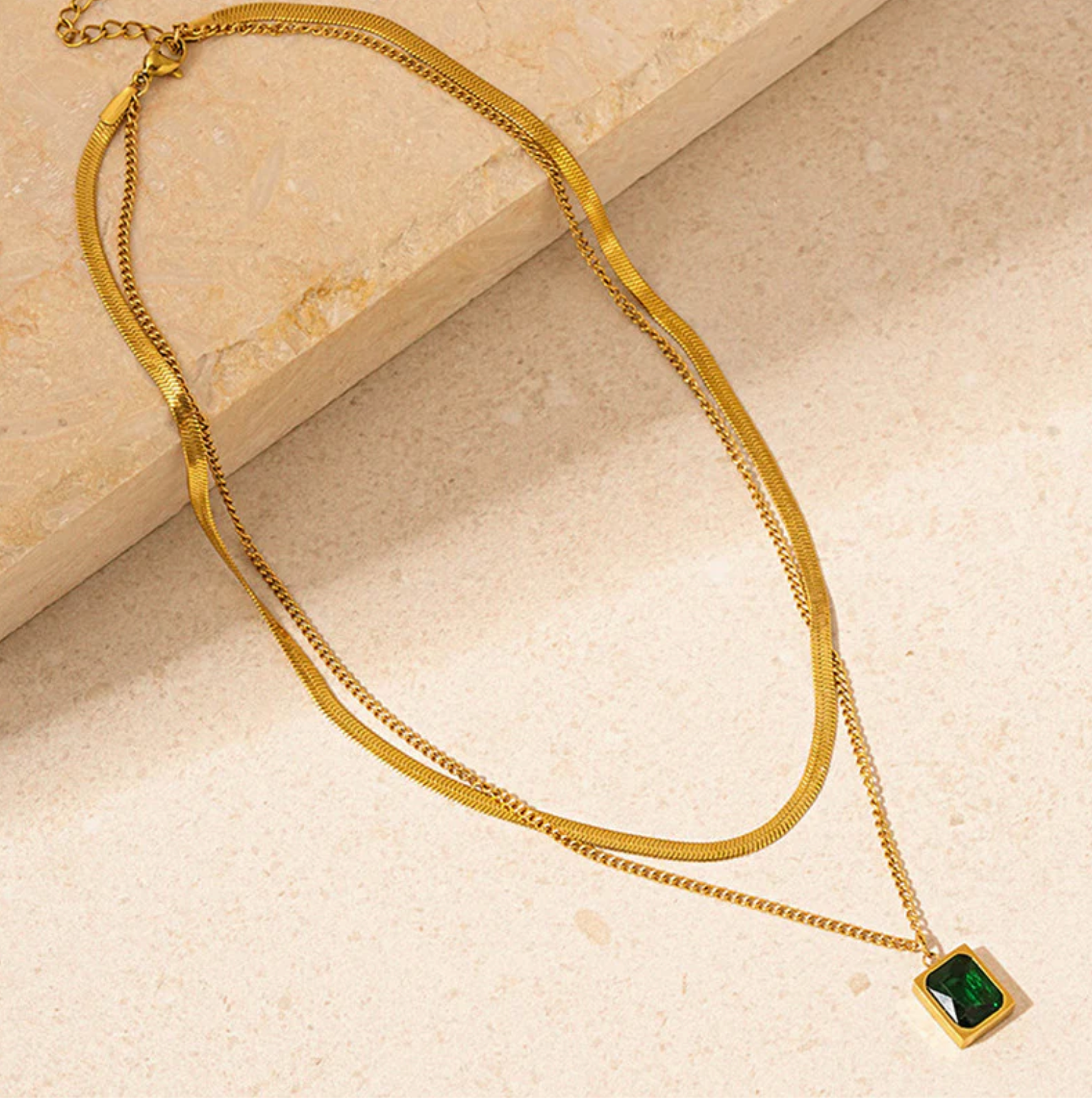 Gold Plated Emerald Duo Layer Necklace