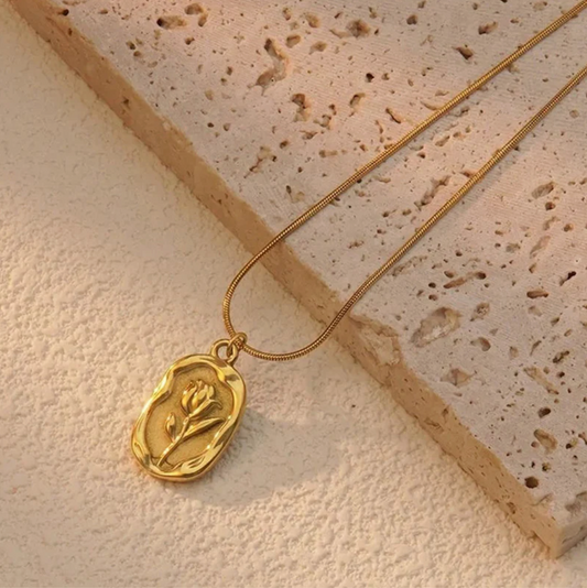 Gold Plated Floral Seal Pendant With Chain